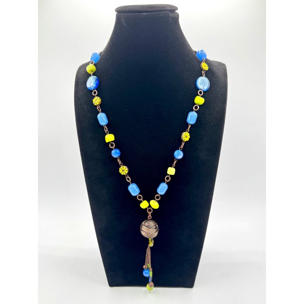 Glass And Metal Tassel Necklace Blue Green Bronze